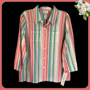 NEW Alfred Dunner Size PXL Button Down Blouse 3/4 Sleeve Coral Mint Striped Top